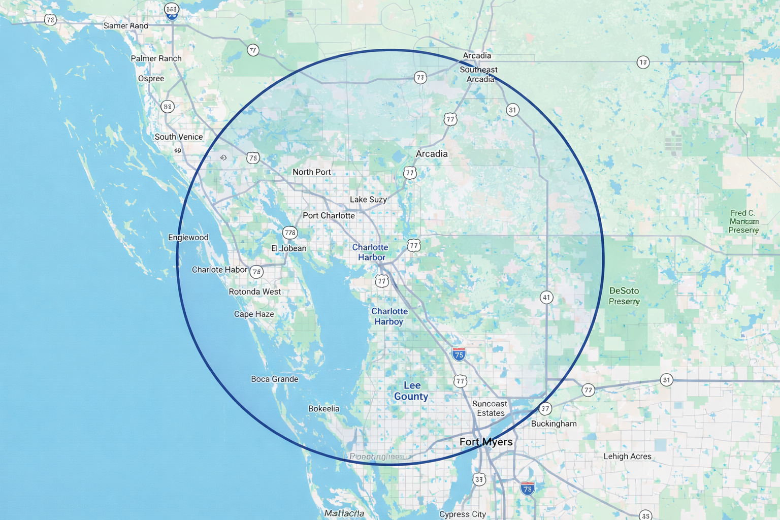 Map showing Southwest Florida fleet detailing service area for Veteran Detail Services