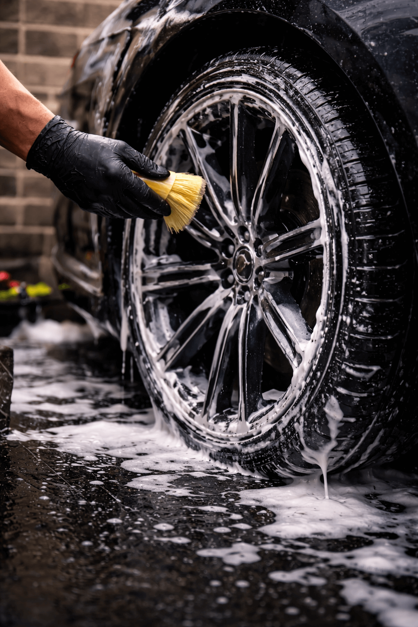 Wheel and tire cleaning with detailing brush