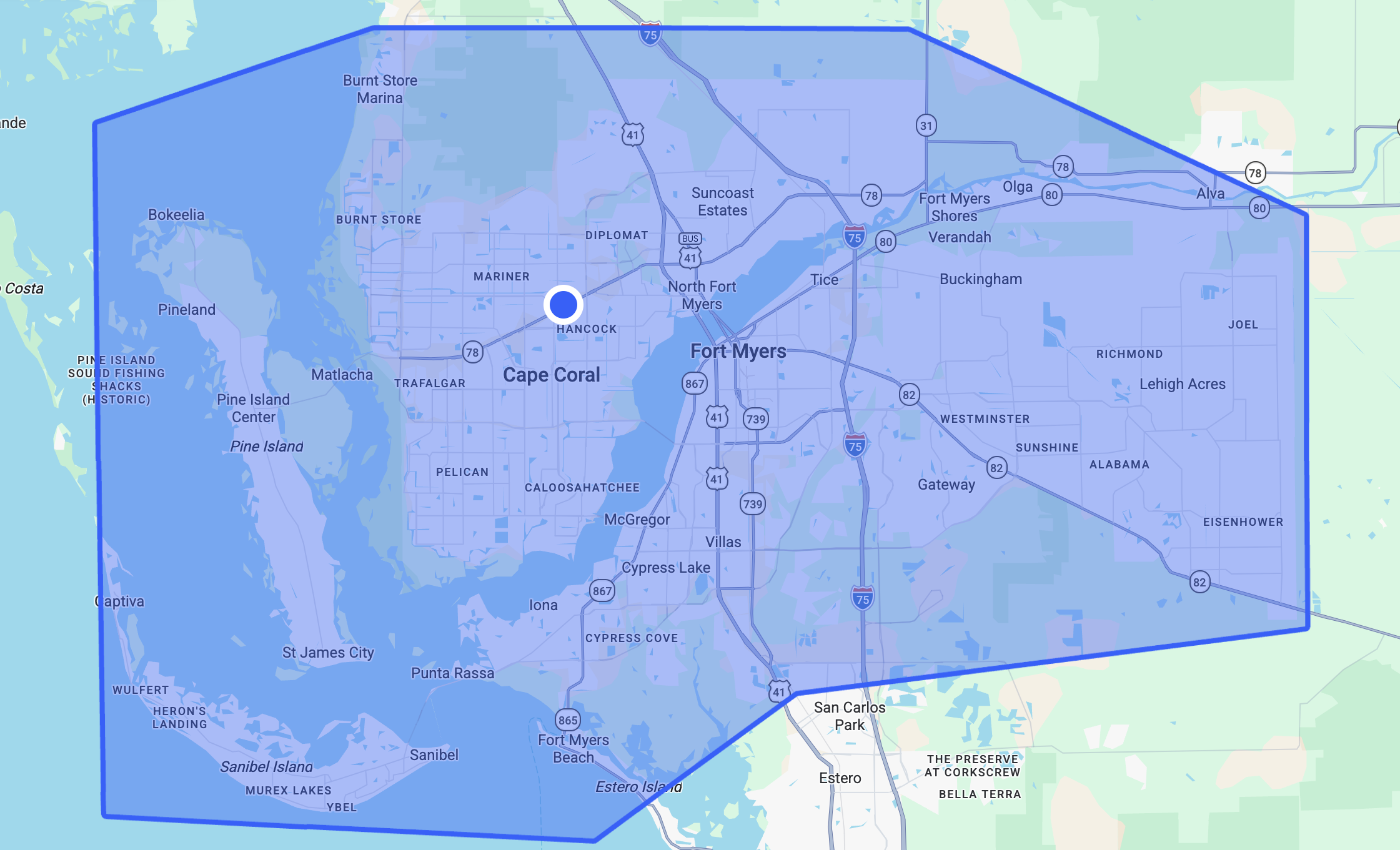 Map showing Lee County, Florida service area for Veteran Detail Services